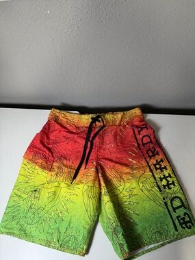 Ed Hardy Red Yellow Green Gradient Graphic Swim Shorts